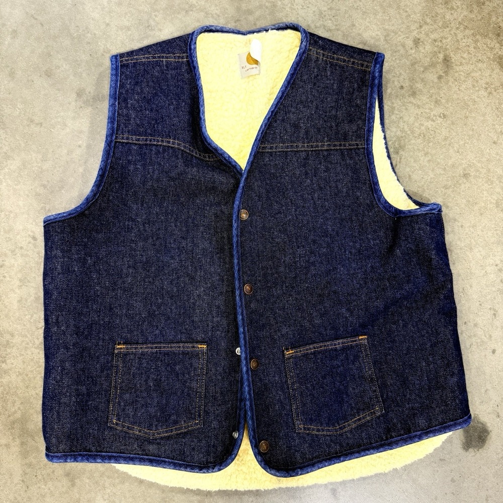 Vintage Carhartt Sherpa Lined Denim Vest 8SV 80s XL USA Made Dark Blue Workwear